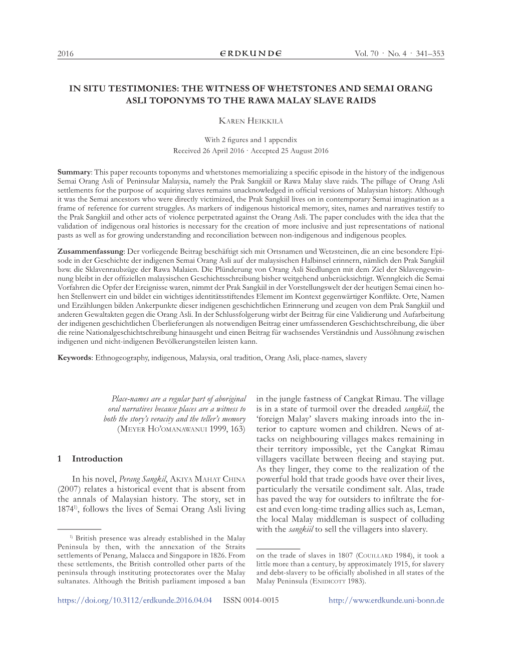 In Situ Testimonies: the Witness of Whetstones and Semai Orang Asli Toponyms to the Rawa Malay Slave Raids