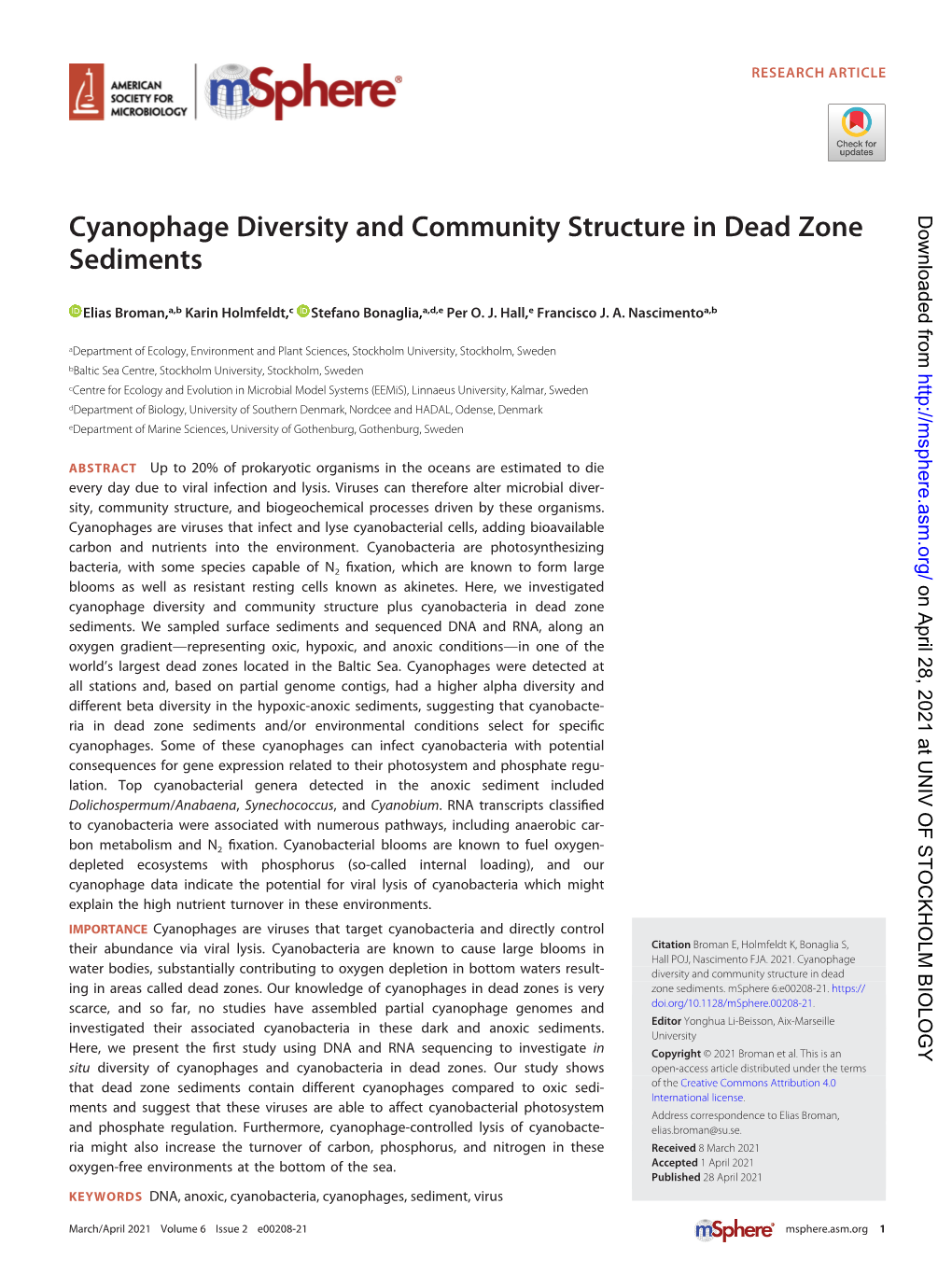 Cyanophage Diversity and Community Structure in Dead Zone Downloaded from Sediments