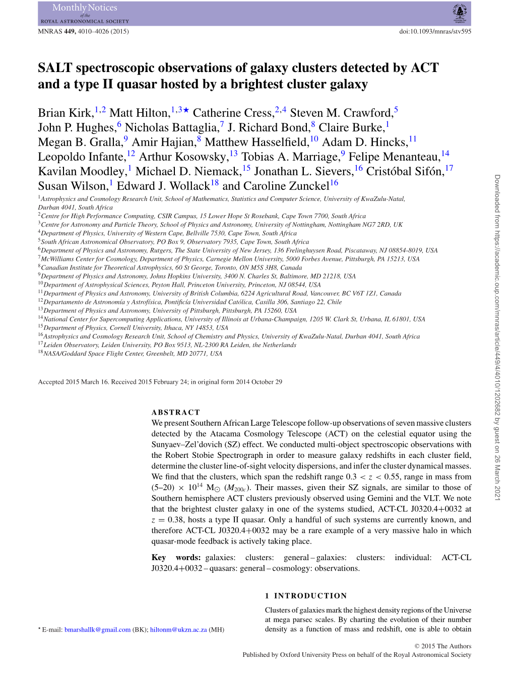 SALT Spectroscopic Observations of Galaxy Clusters Detected by ACT and a Type II Quasar Hosted by a Brightest Cluster Galaxy