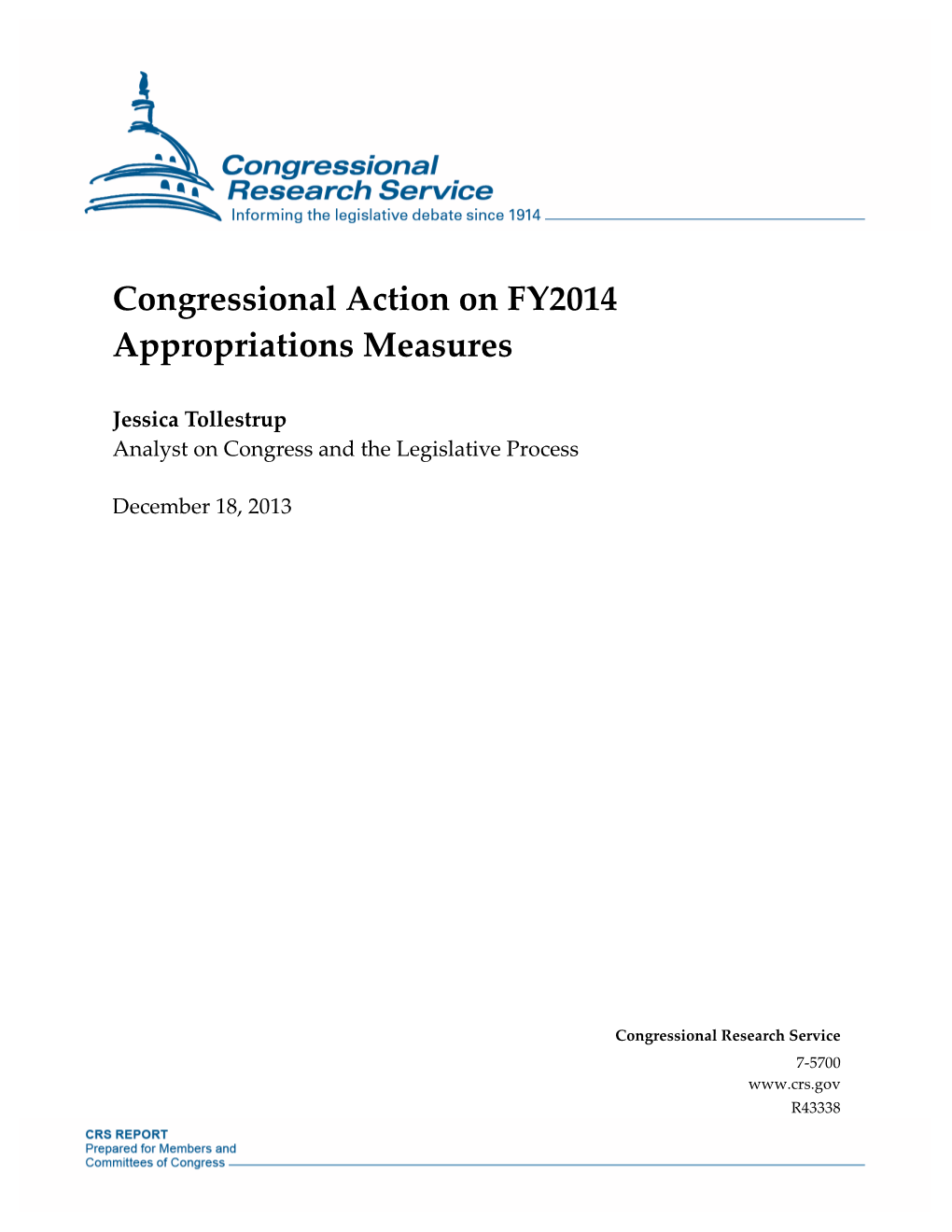 Congressional Action on FY2014 Appropriations Measures