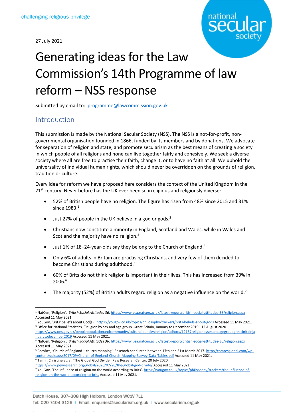 Generating Ideas for the Law Commission's 14Th Programme of Law Reform – NSS Response