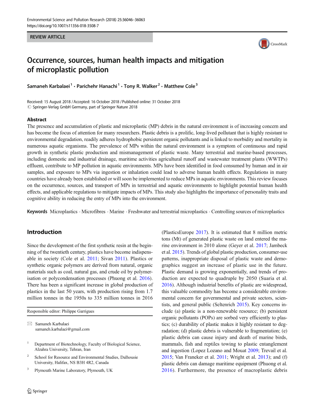 Occurrence, Sources, Human Health Impacts and Mitigation of Microplastic Pollution