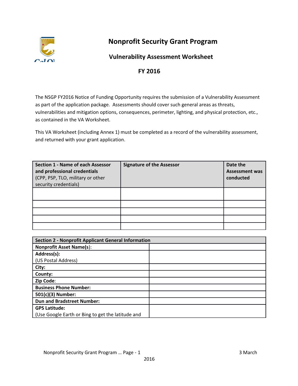 FY 2016 NSGP Vulnerability Assessment Worksheet