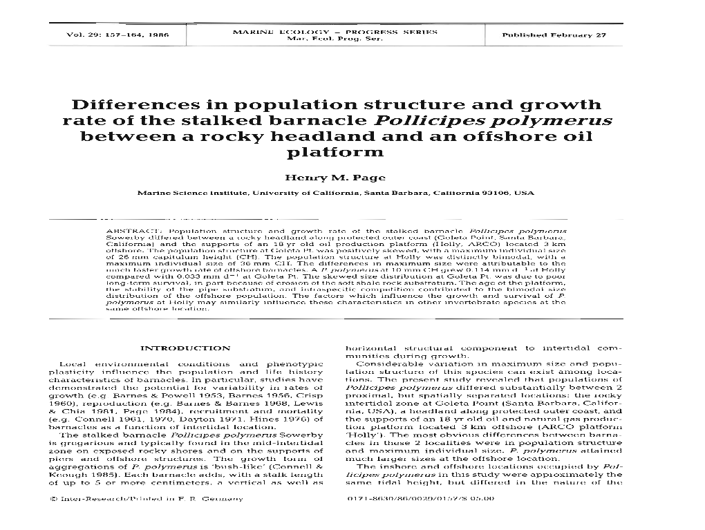 Differences in Population Structure and Growth Rate of the Stalked Barnacle Pollicipespolymerus Between a Rocky Headland and an Offshore Oil Platform