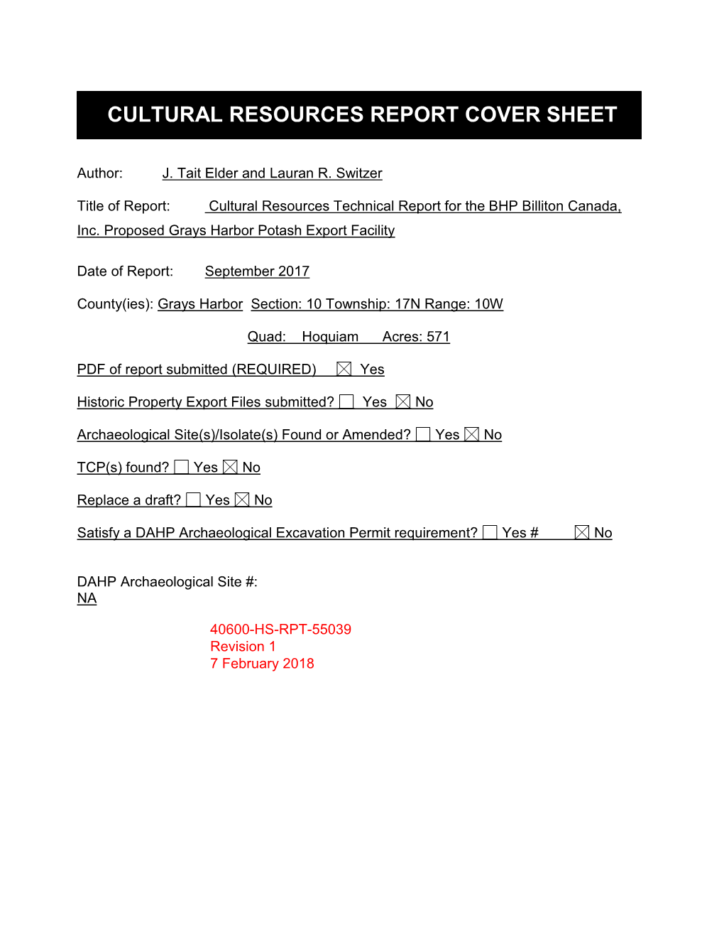 Cultural Resources Report Cover Sheet