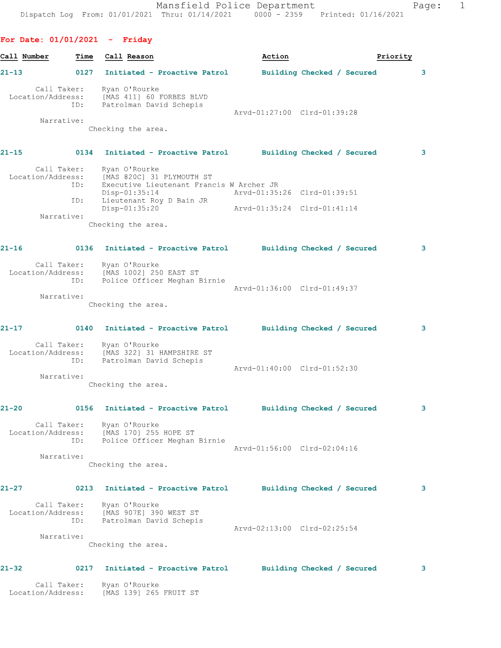 Mansfield Police Department Page: 1 Dispatch Log From: 01/01/2021 Thru: 01/14/2021 0000 - 2359 Printed: 01/16/2021