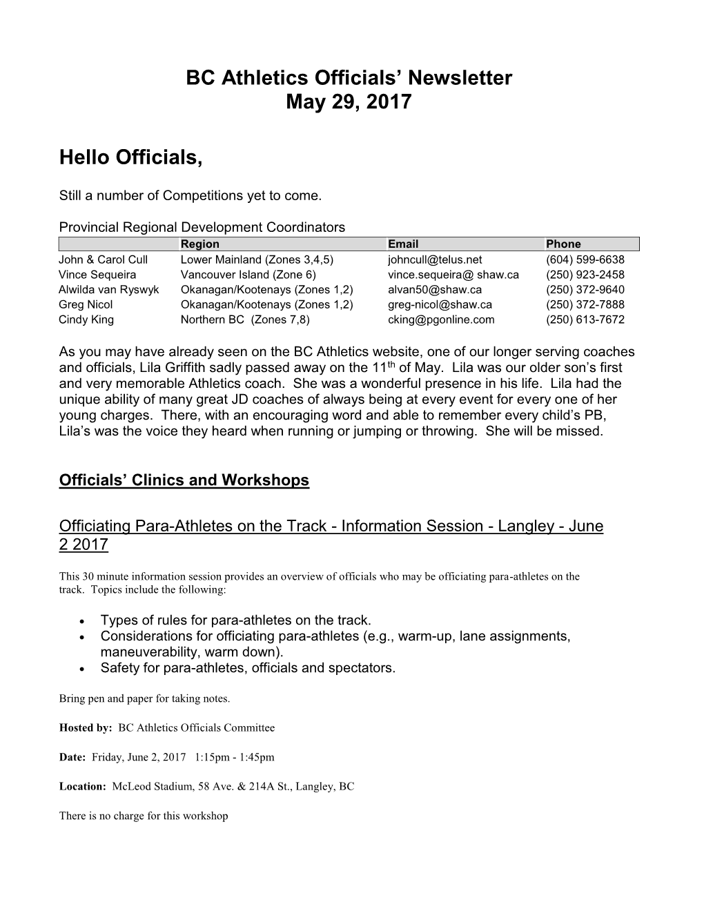BC Athletics Officials' Newsletter May 29, 2017 Hello Officials