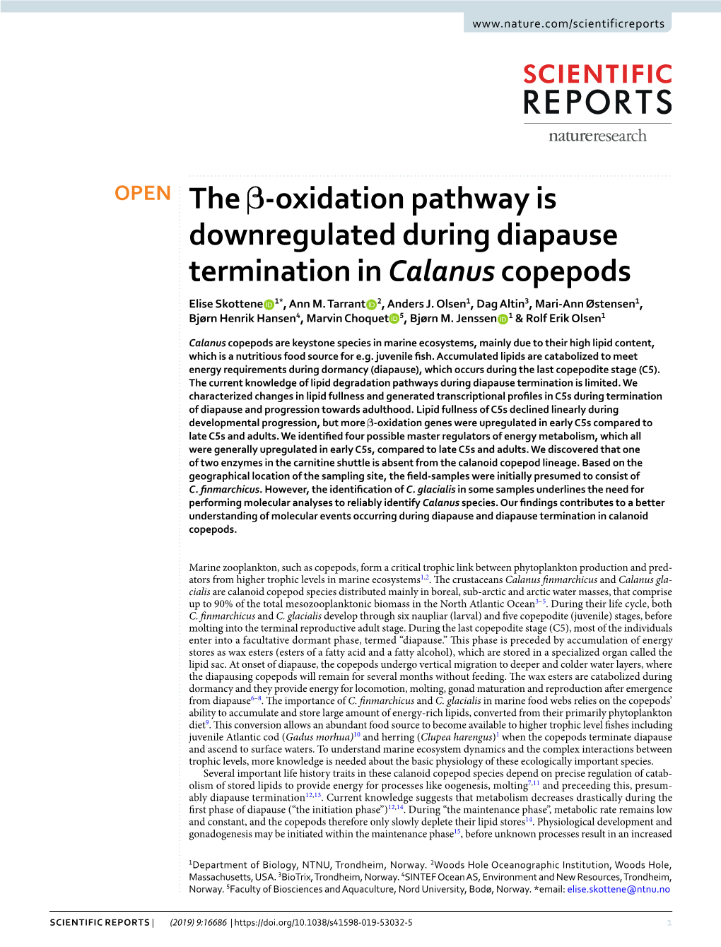 The Β-Oxidation Pathway Is Downregulated During Diapause Termination in Calanus Copepods Elise Skottene 1*, Ann M