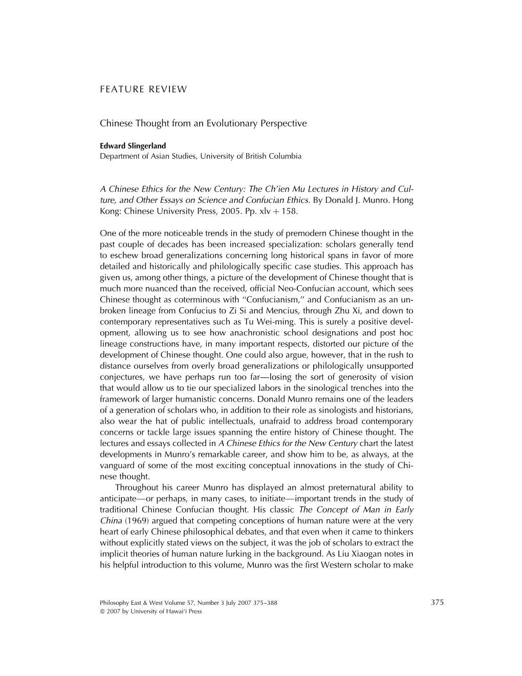 FEATURE REVIEW Chinese Thought from an Evolutionary Perspective