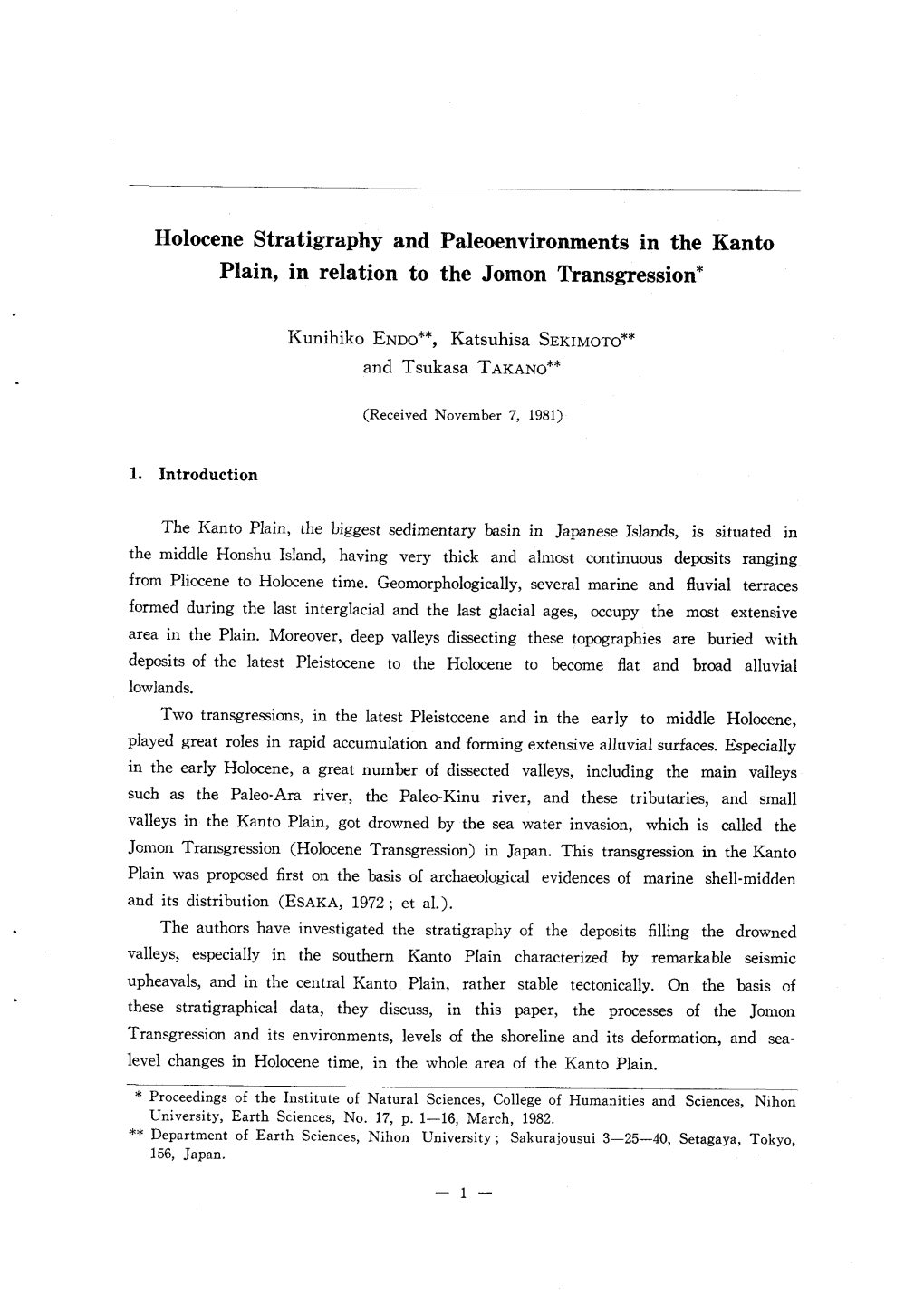 Holocene Stratigraphy and Paleoenvironments in the Kanto Plain