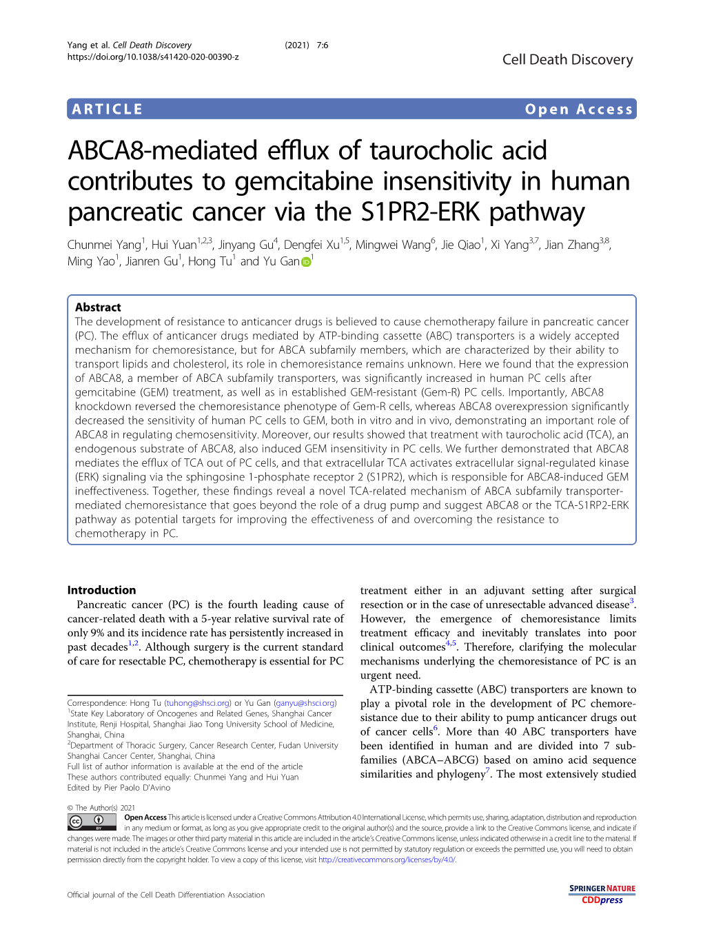 ABCA8-Mediated Efflux of Taurocholic Acid Contributes to Gemcitabine
