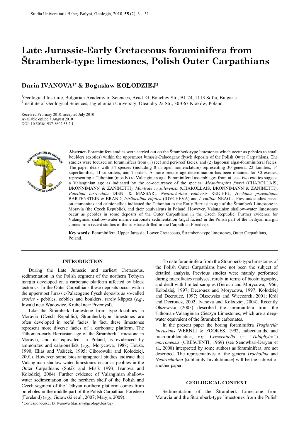 Late Jurassic-Early Cretaceous Foraminifera from Štramberk-Type Limestones, Polish Outer Carpathians