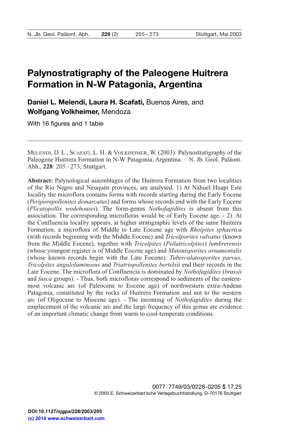 Palynostratigraphy of the Paleogene Huitrera Formation in N-W Patagonia, Argentina