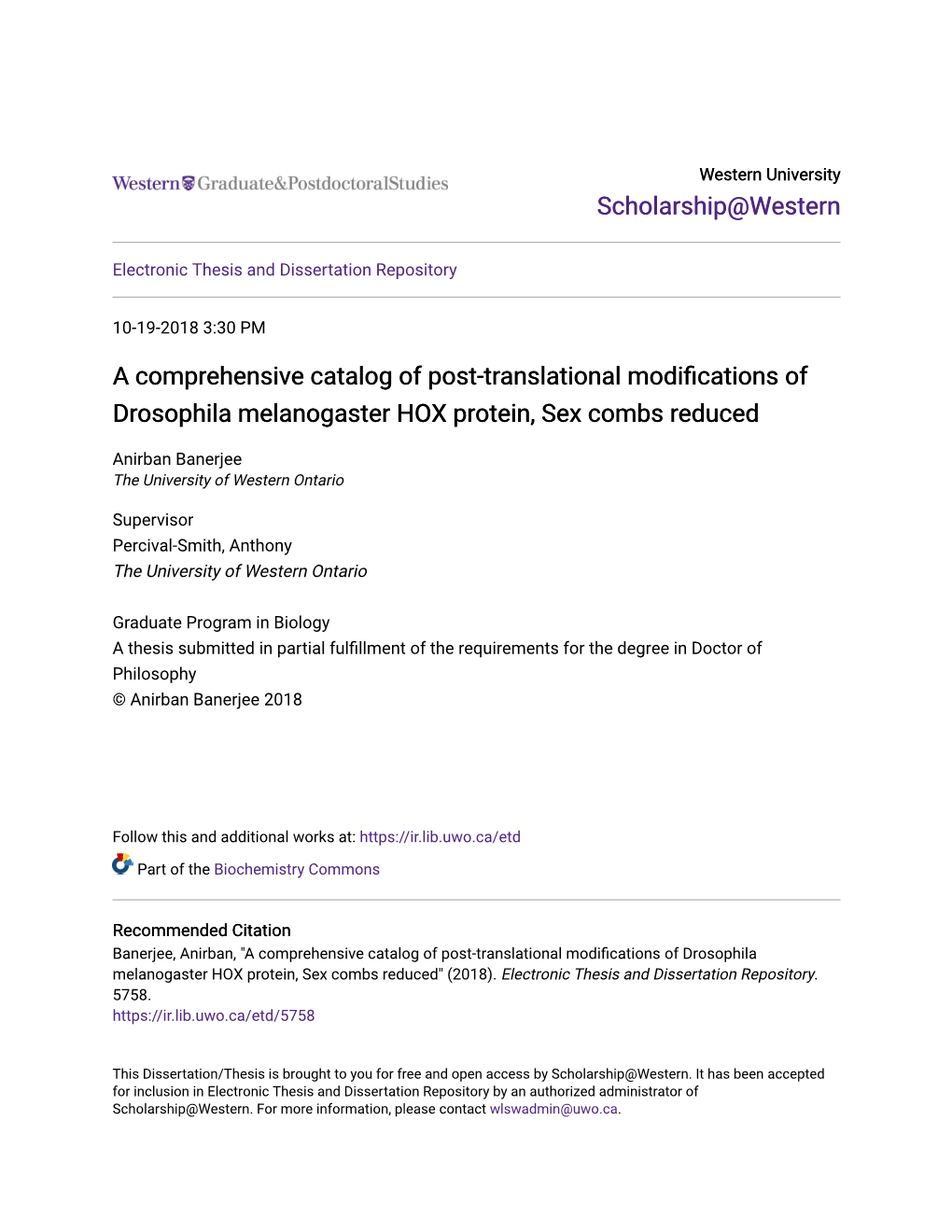 A Comprehensive Catalog of Post-Translational Modifications of Drosophila Melanogaster HOX Protein, Sex Combs Reduced