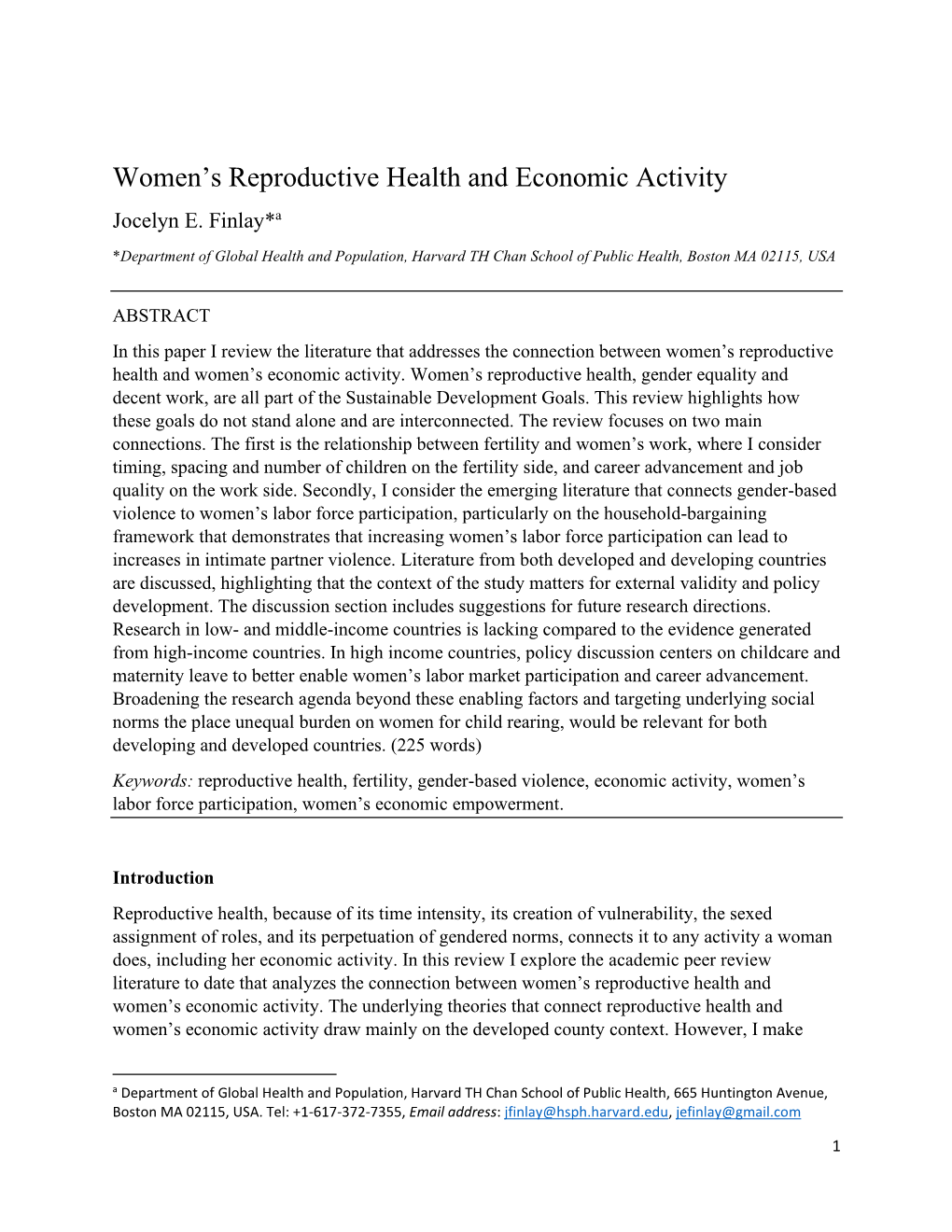 Women's Reproductive Health and Economic Activity