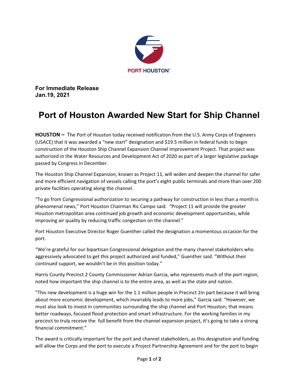 Port of Houston Awarded New Start for Ship Channel