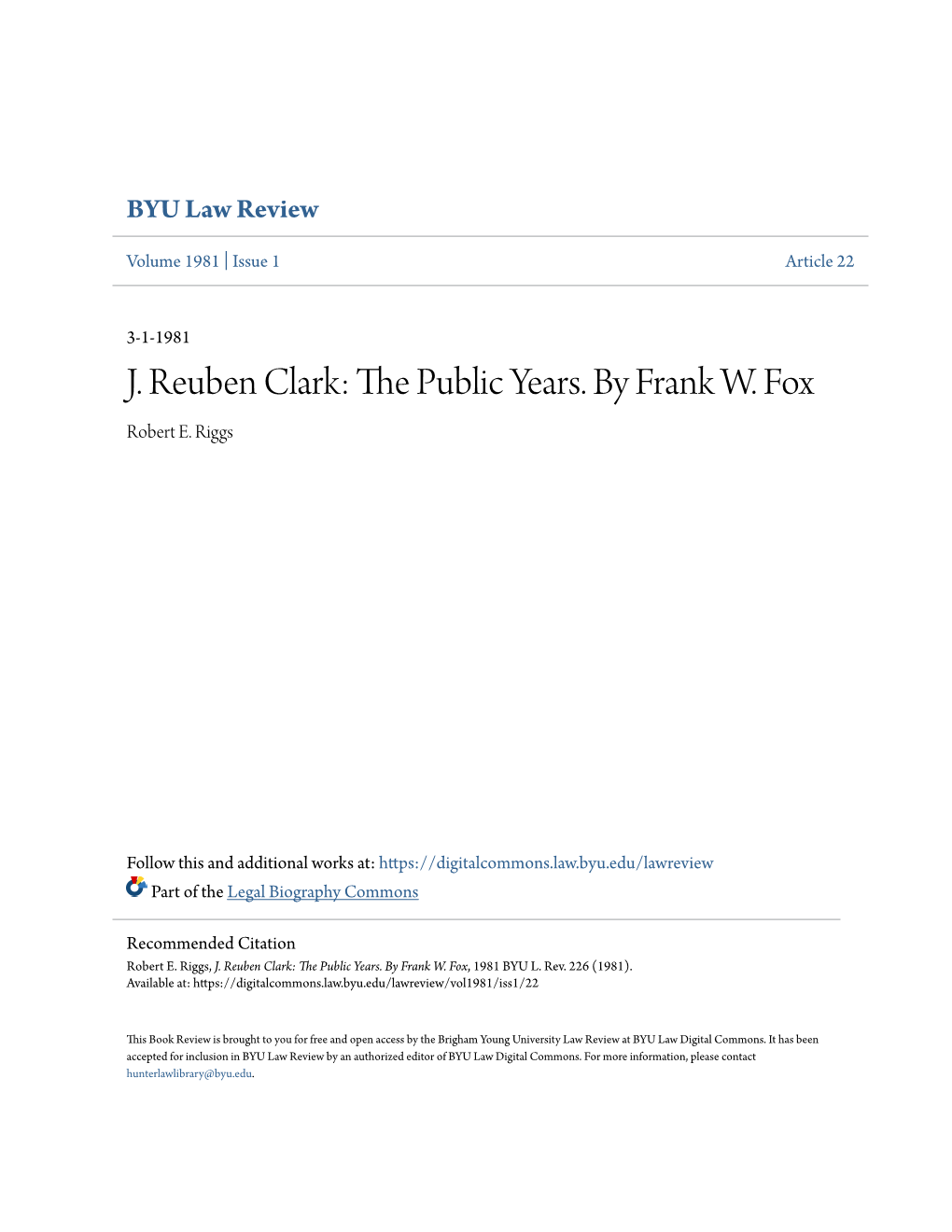 J. Reuben Clark: the Public Ey Ars