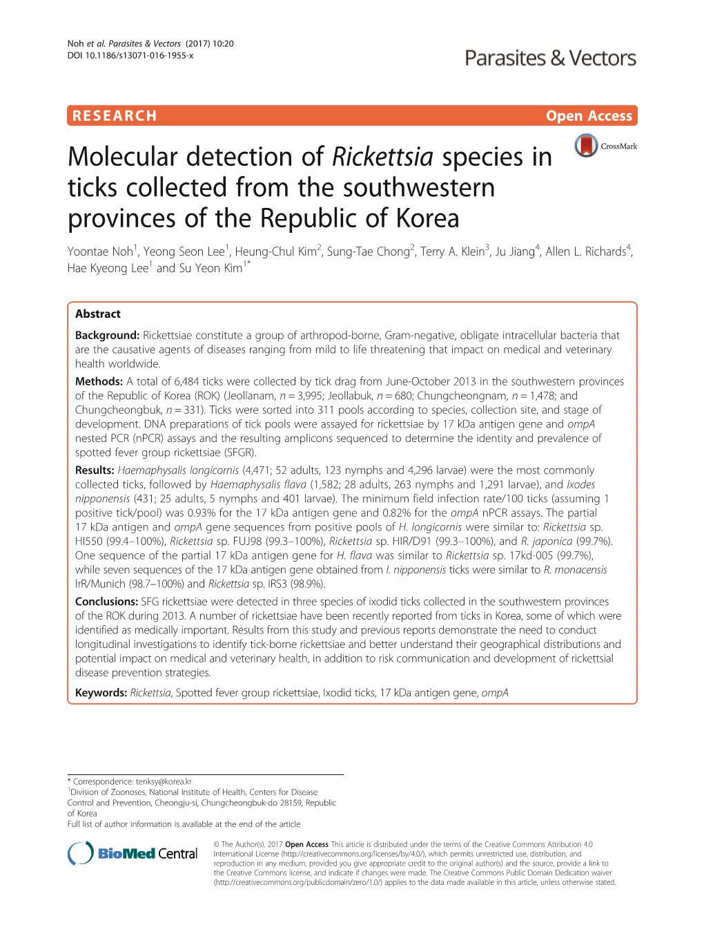 Molecular Detection of Rickettsia Species in Ticks Collected from The