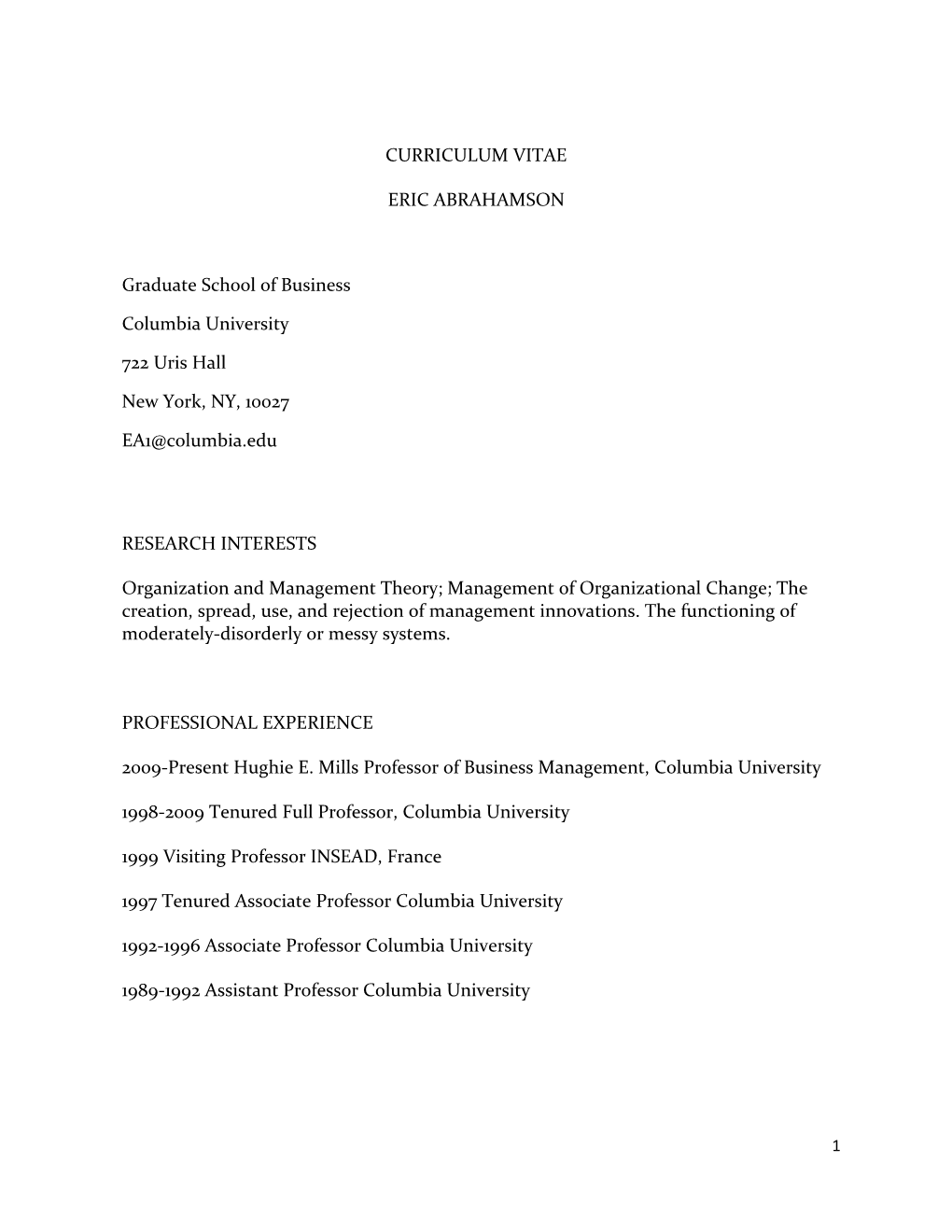 CURRICULUM VITAE ERIC ABRAHAMSON Graduate School Of