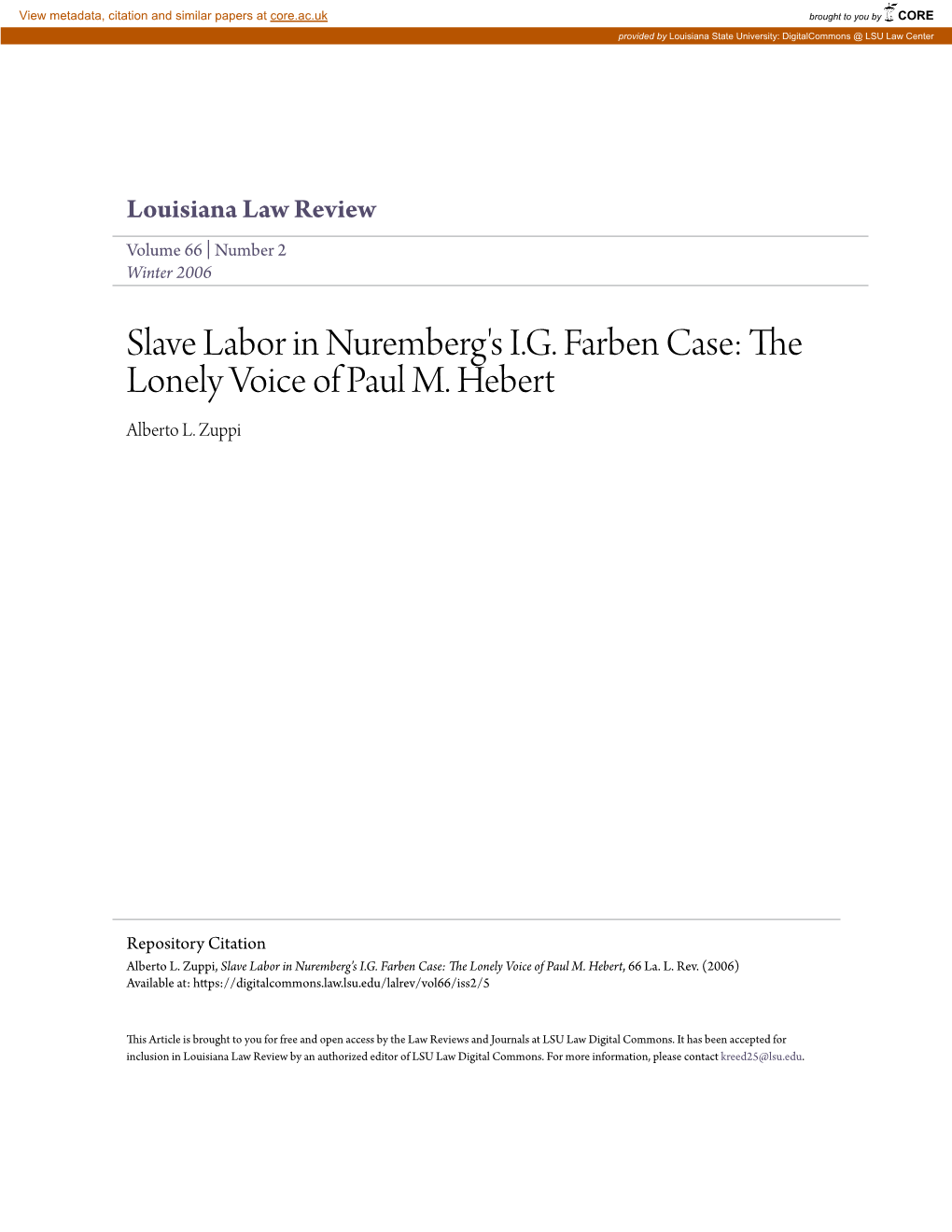 Slave Labor in Nuremberg's I.G. Farben Case: the Lonely Voice of Paul M. Hebert Alberto L