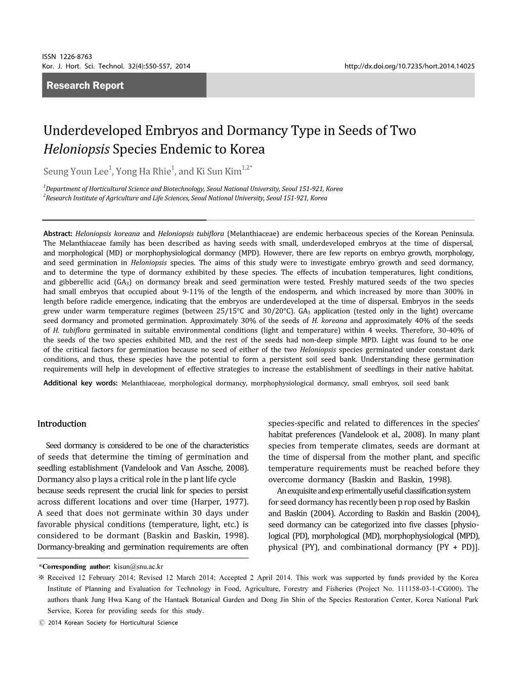 Underdeveloped Embryos and Dormancy Type in Seeds of Two Heloniopsis Species Endemic to Korea