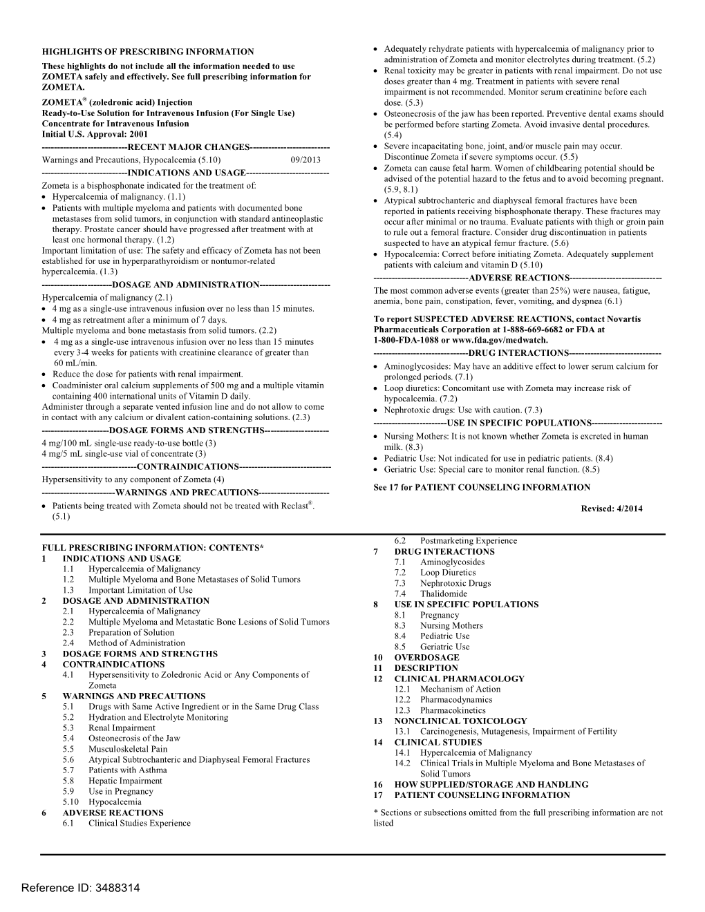 ZOMETA (Zoledronic Acid) Injection Label