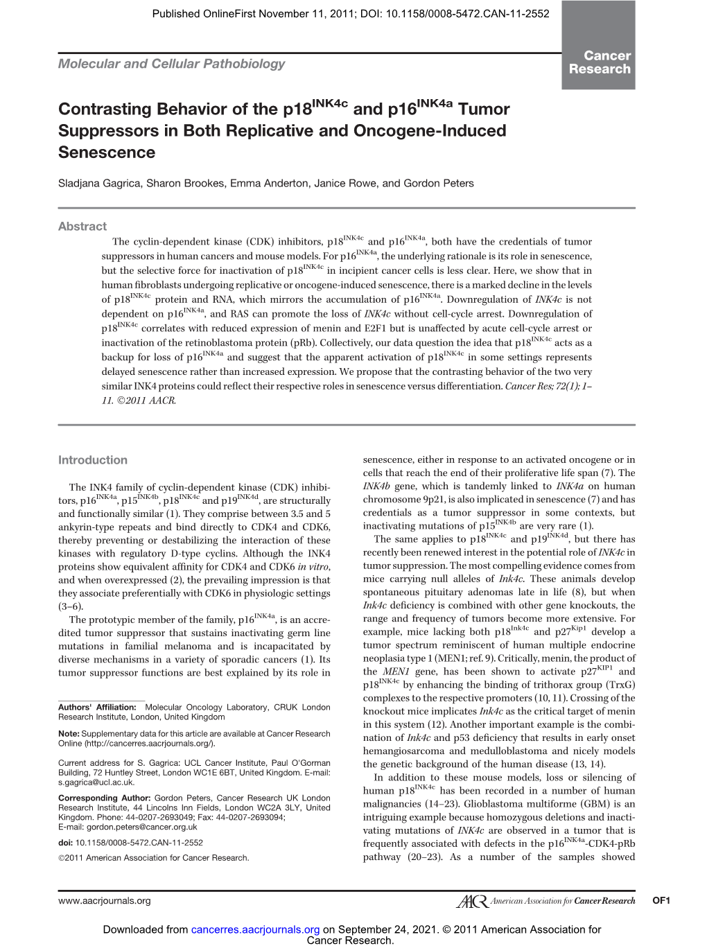 Contrasting Behavior of the P18 and P16 Tumor Suppressors in Both