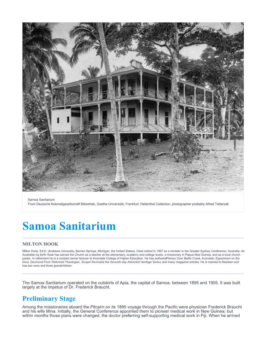 Samoa Sanitarium from Deutsche Kolonialgesellschaft Bibliothek, Goethe Universität, Frankfurt, Hellenthal Collection, Photographer Probably Alfred Tattersall