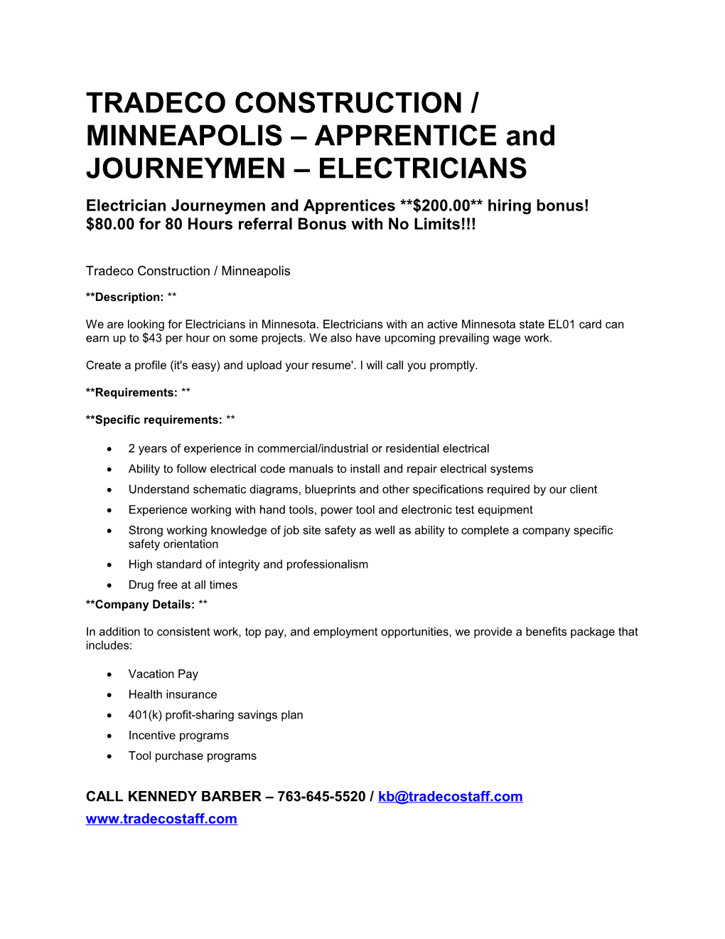 TRADECO CONSTRUCTION / MINNEAPOLIS APPRENTICE and JOURNEYMEN ELECTRICIANS