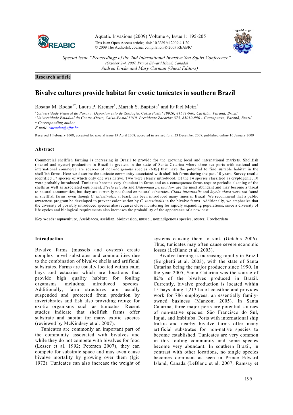 Bivalve Cultures Provide Habitat for Exotic Tunicates in Southern Brazil