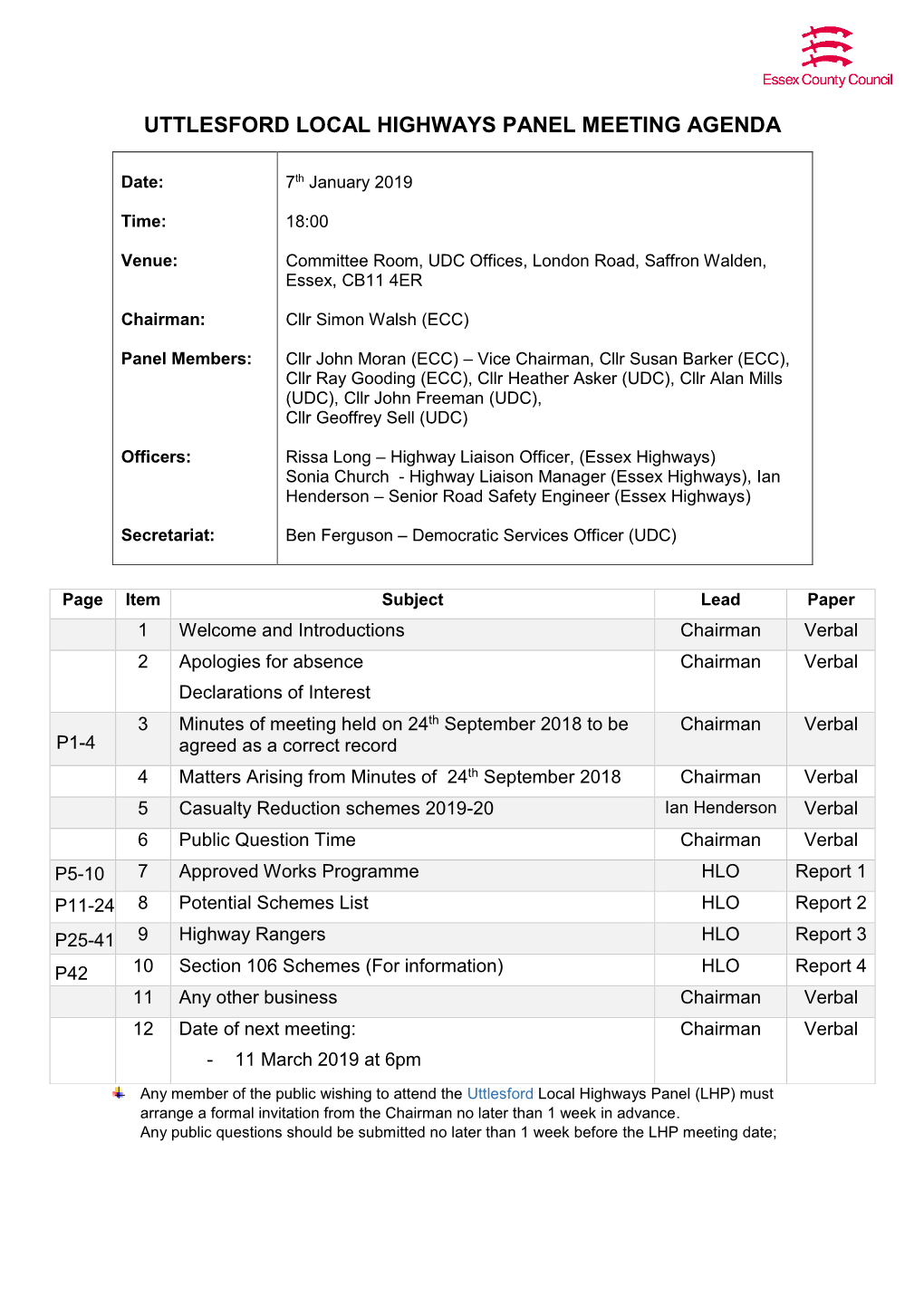 Uttlesford Local Highways Panel Meeting Agenda