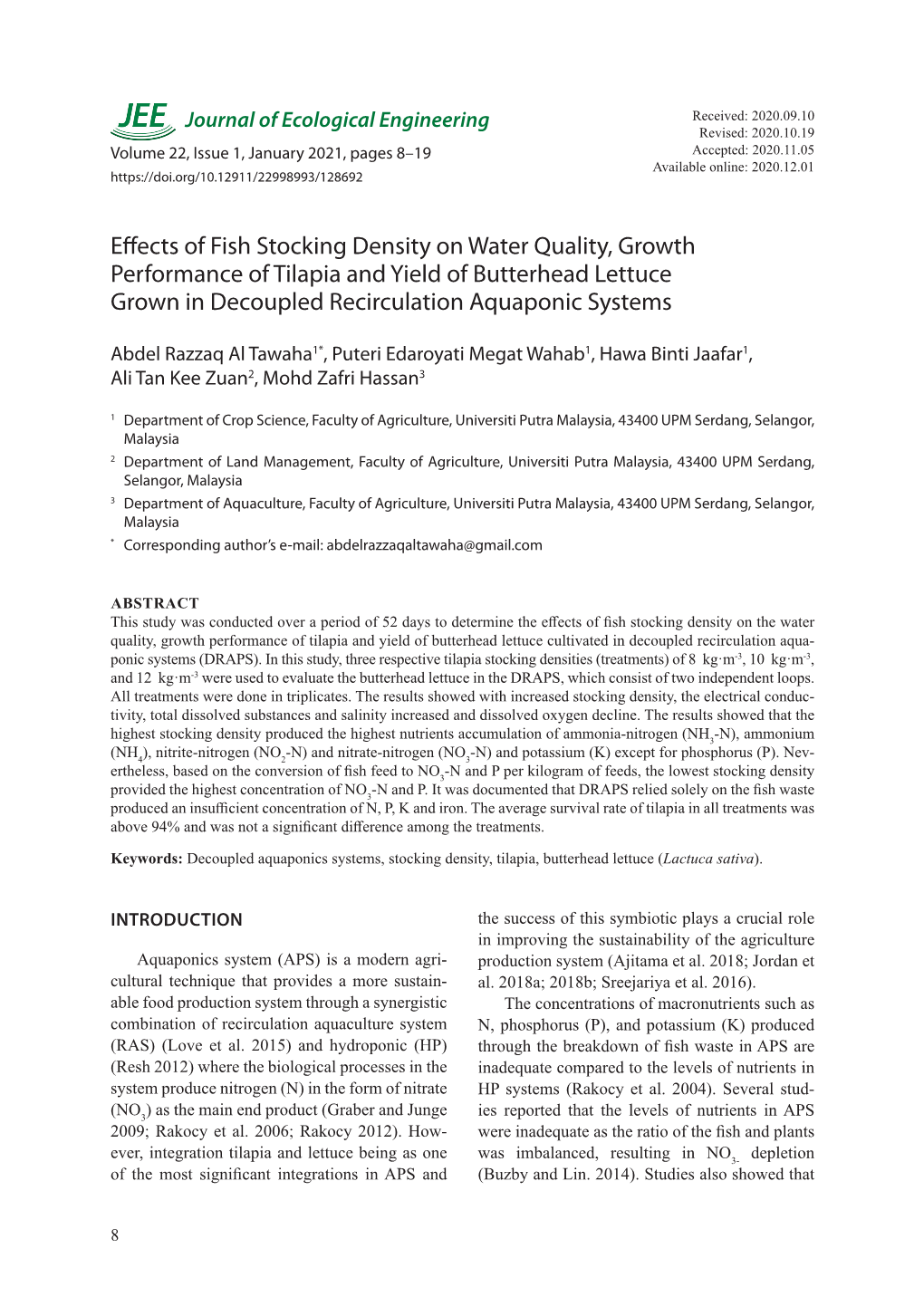 Effects of Fish Stocking Density on Water Quality, Growth Performance of Tilapia and Yield of Butterhead Lettuce Grown in Decoupled Recirculation Aquaponic Systems