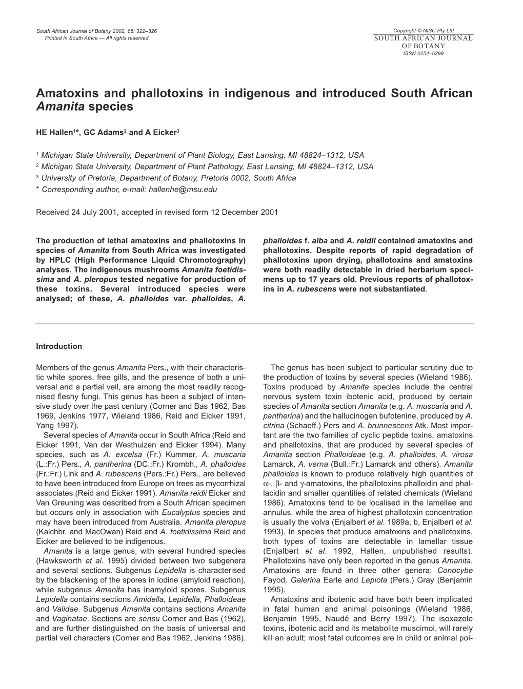 Amatoxins and Phallotoxins in Indigenous and Introduced South African Amanita Species