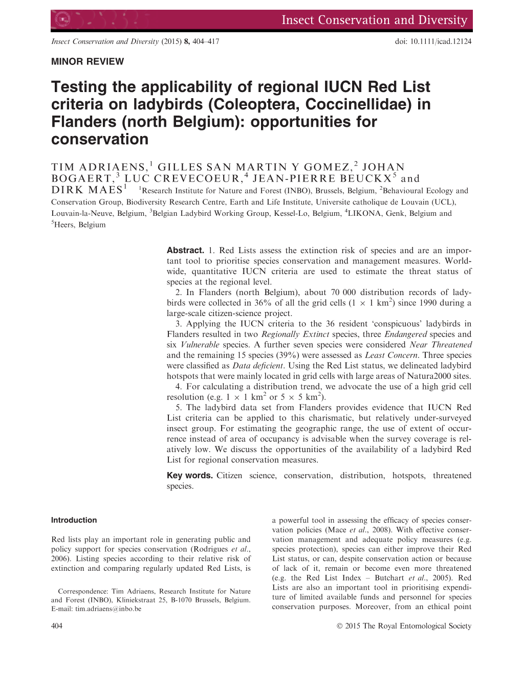 Testing the Applicability of Regional IUCN Red List Criteria on Ladybirds (Coleoptera, Coccinellidae) in Flanders (North Belgium): Opportunities for Conservation