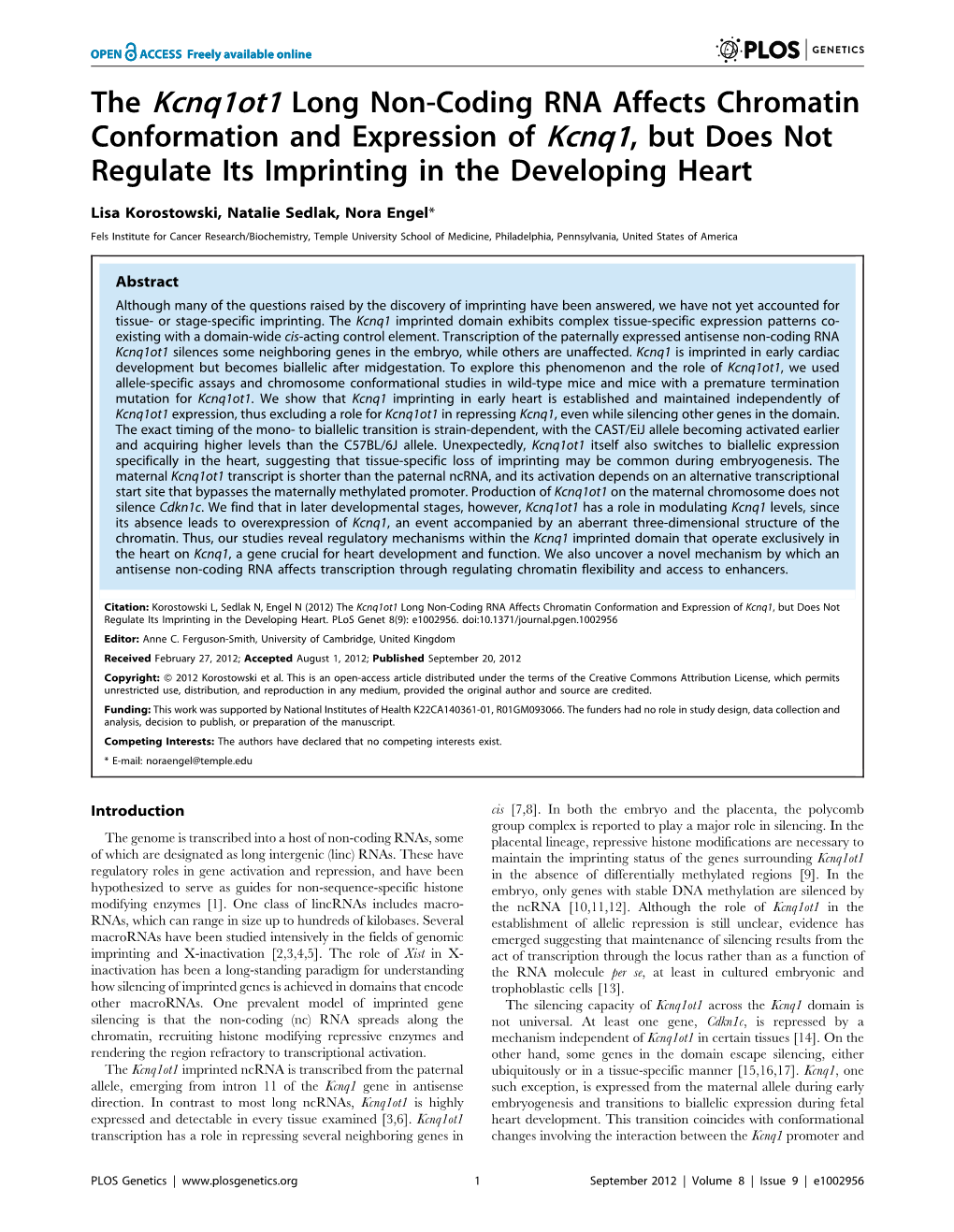 The Kcnq1ot1 Long Non-Coding RNA Affects Chromatin Conformation and Expression of Kcnq1, but Does Not Regulate Its Imprinting in the Developing Heart