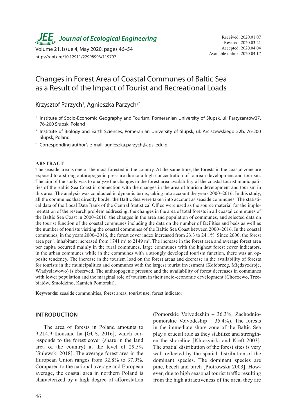 Changes in Forest Area of Coastal Communes of Baltic Sea As a Result of the Impact of Tourist and Recreational Loads