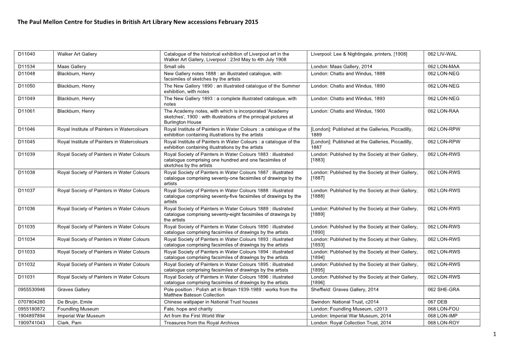 The Paul Mellon Centre for Studies in British Art Library New Accessions February 2015