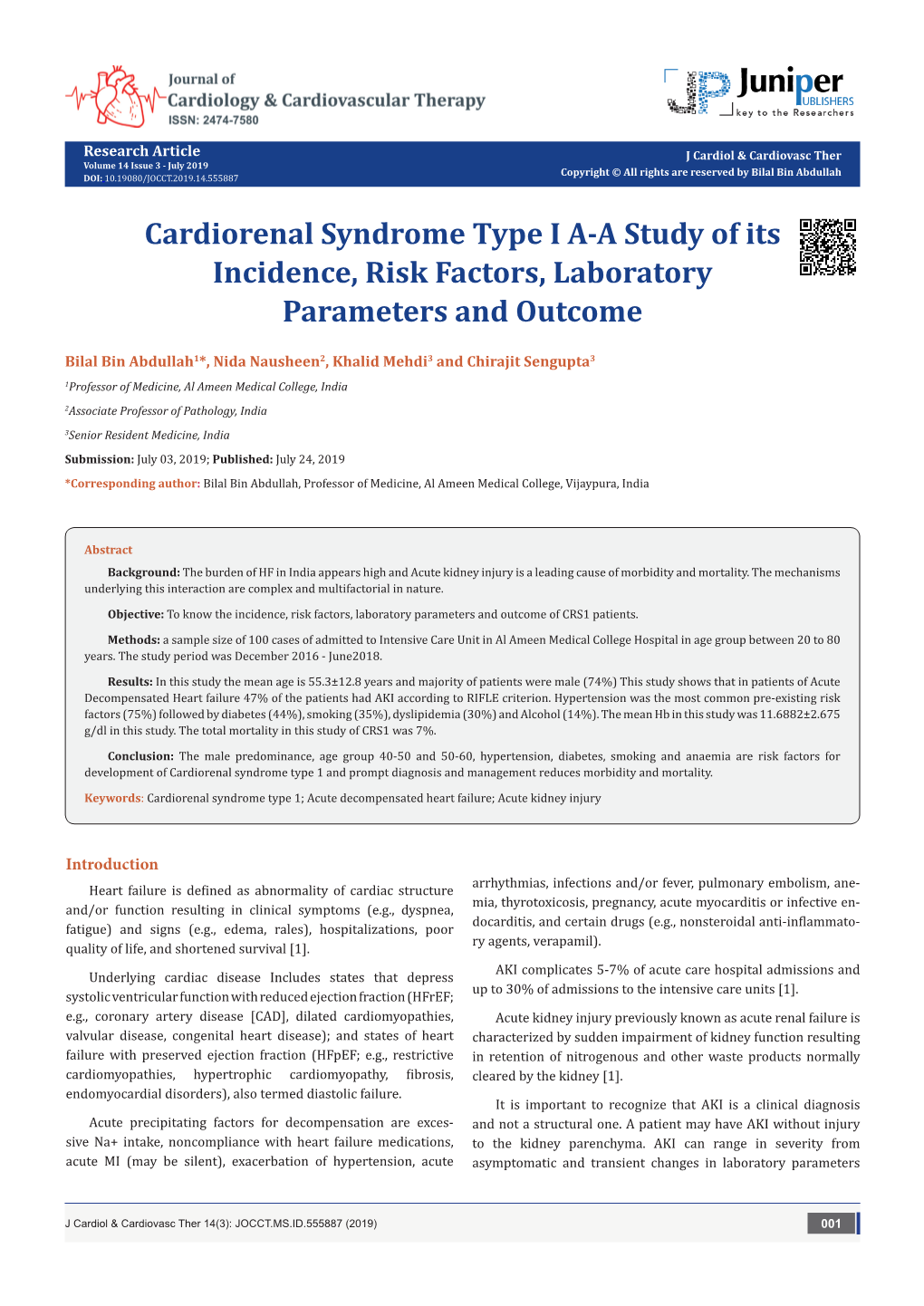 Cardiorenal Syndrome Type I A-A Study of Its Incidence, Risk Factors, Laboratory Parameters and Outcome