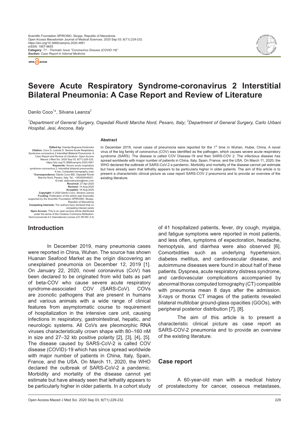 Severe Acute Respiratory Syndrome-Coronavirus 2 Interstitial Bilateral Pneumonia: a Case Report and Review of Literature