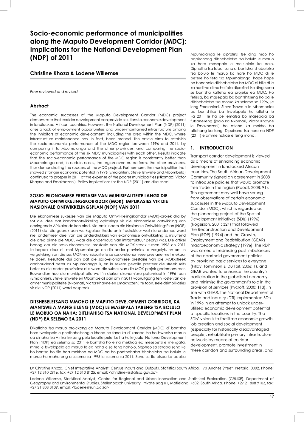 Socio-Economic Performance of Municipalities Along the Maputo