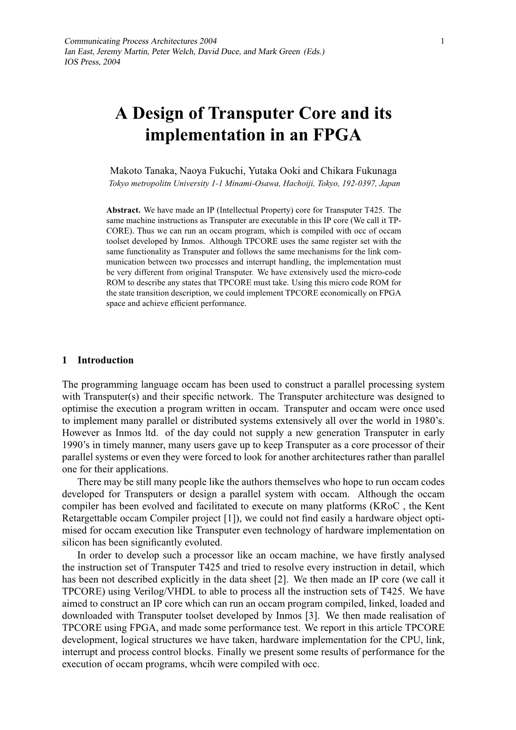 A Design of Transputer Core and Its Implementation in an FPGA