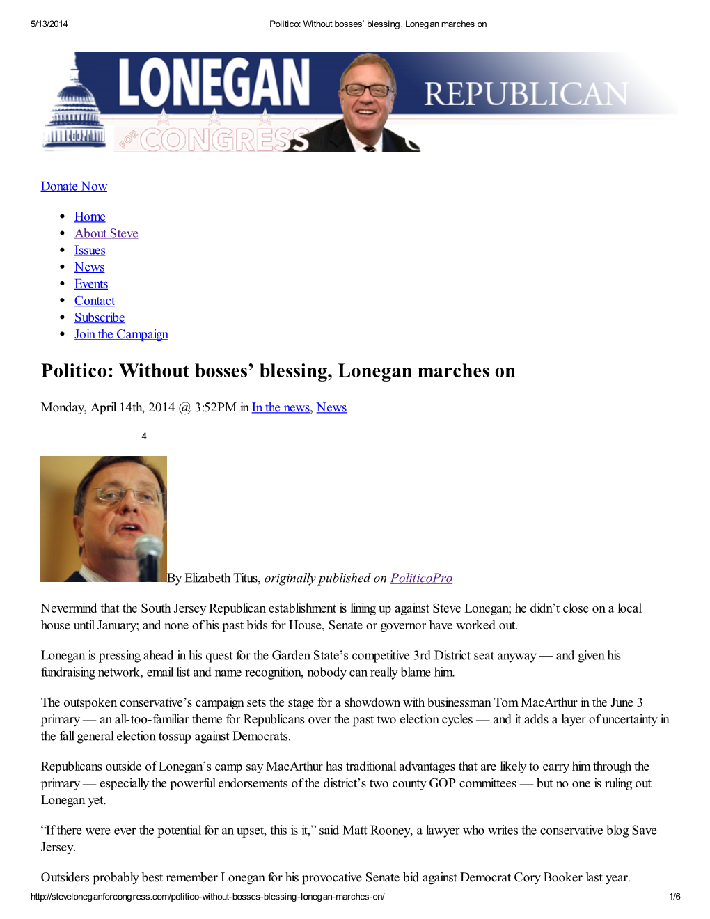 Politico: Without Bosses' Blessing, Lonegan Marches On
