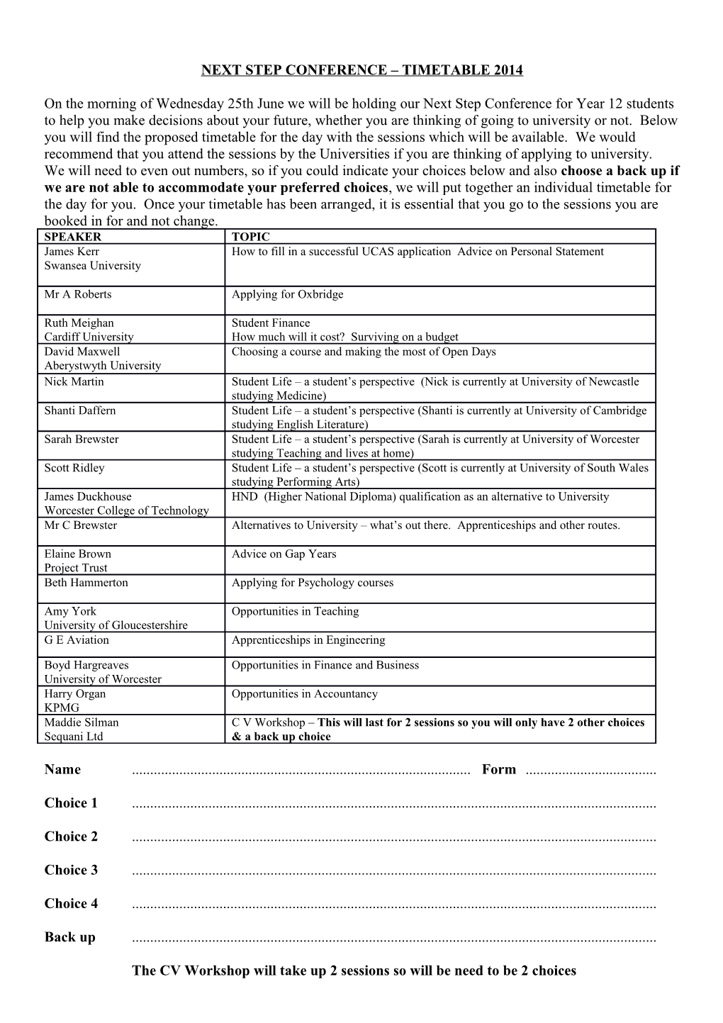 Next Step Conference Timetable