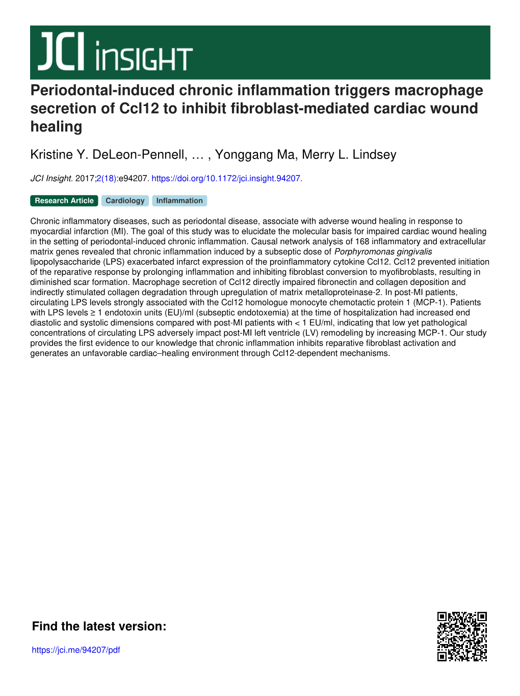 Periodontal-Induced Chronic Inflammation Triggers Macrophage Secretion of Ccl12 to Inhibit Fibroblast-Mediated Cardiac Wound Healing