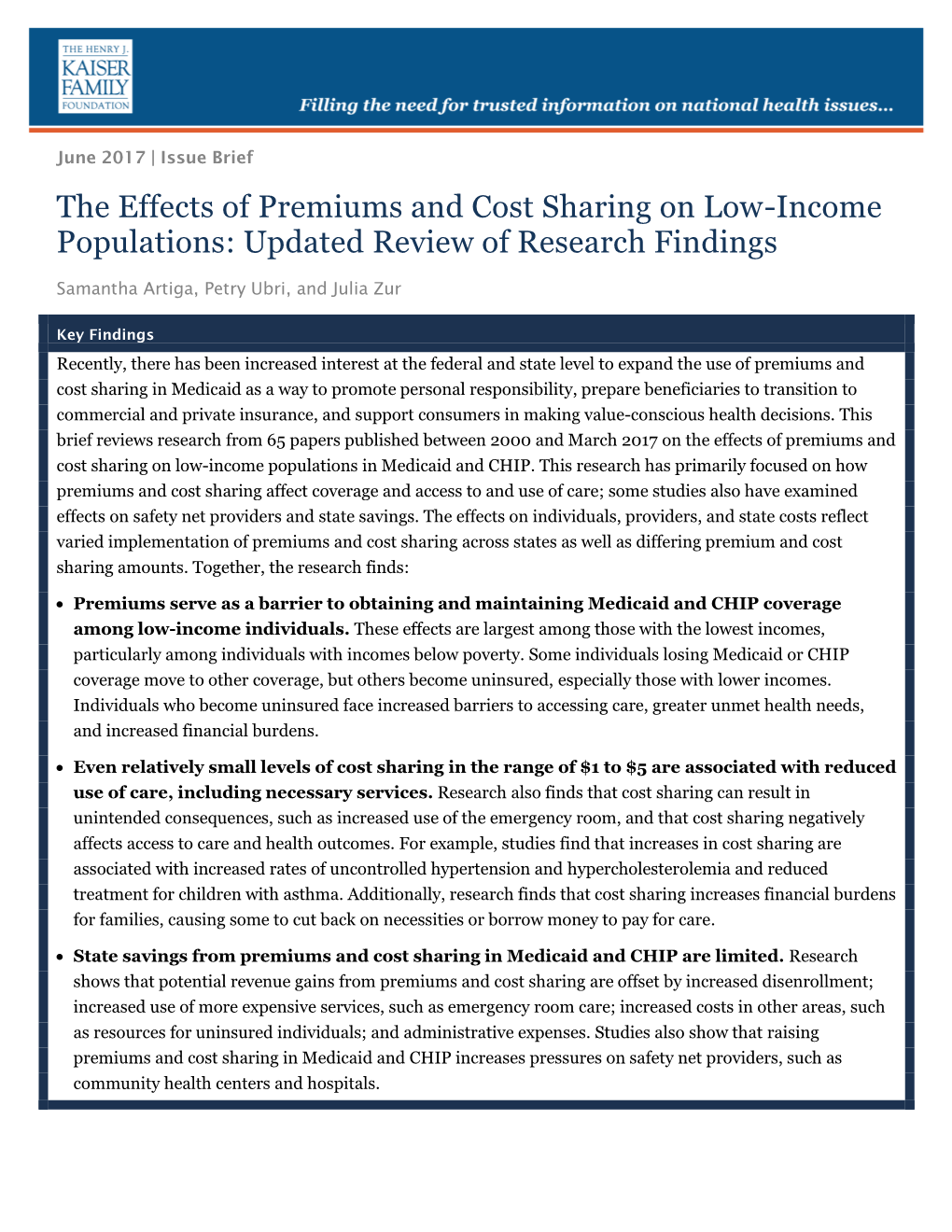 The Effects of Premiums and Cost Sharing on Low-Income Populations: Updated Review of Research Findings