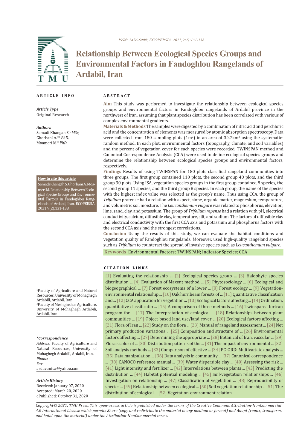 Relationship Between Ecological Species Groups and Environmental Factors in Fandoghlou Rangelands of Ardabil, Iran