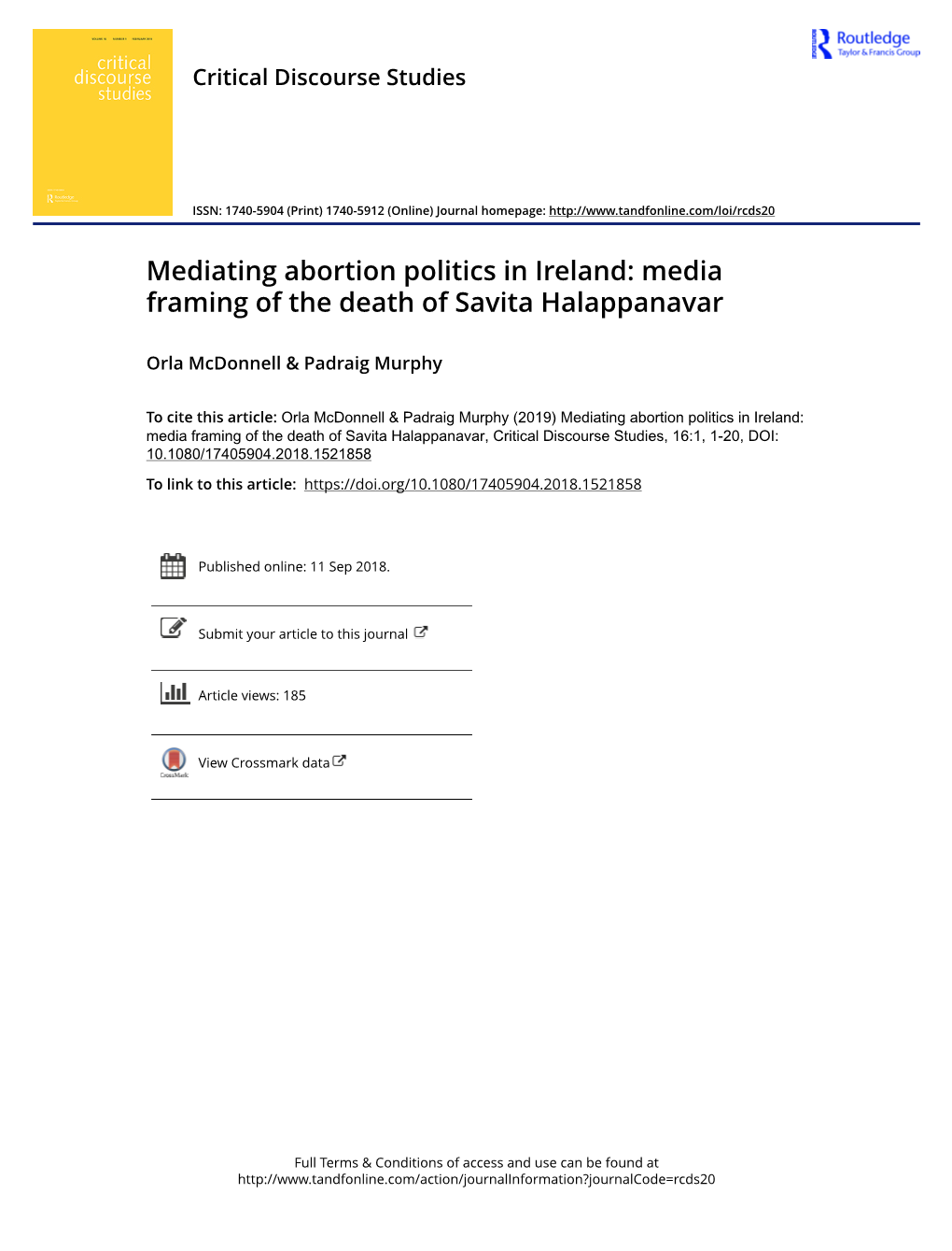 Mediating Abortion Politics in Ireland: Media Framing of the Death of Savita Halappanavar