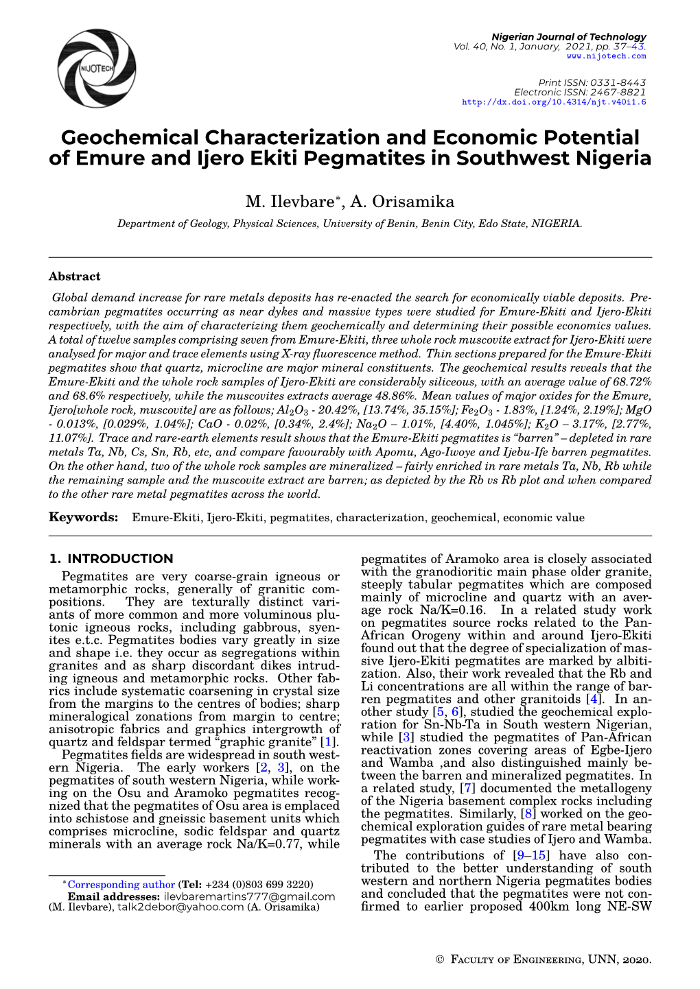 Geochemical Characterization and Economic Potential of Emure and Ijero Ekiti Pegmatites in Southwest Nigeria