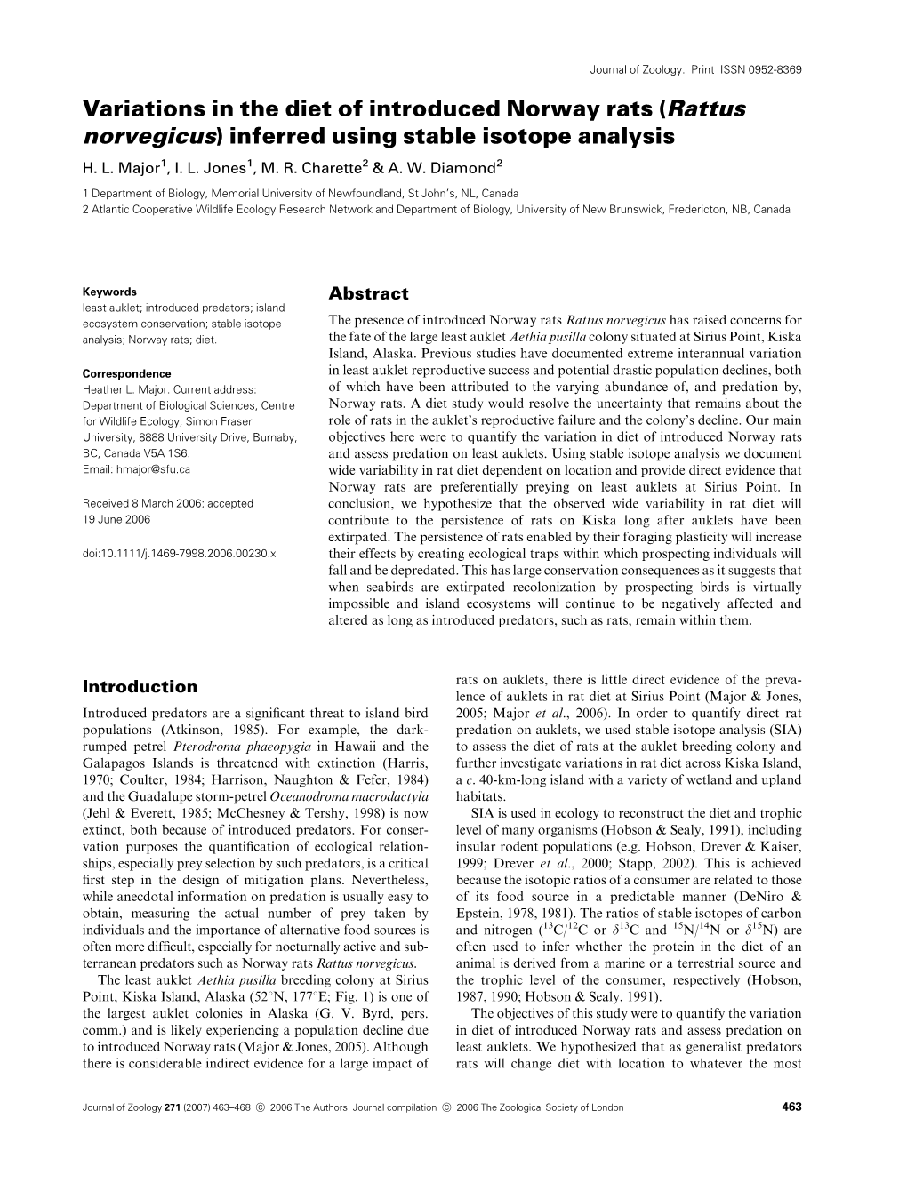 Variations in the Diet of Introduced Norway Rats (Rattus Norvegicus) Inferred Using Stable Isotope Analysis H