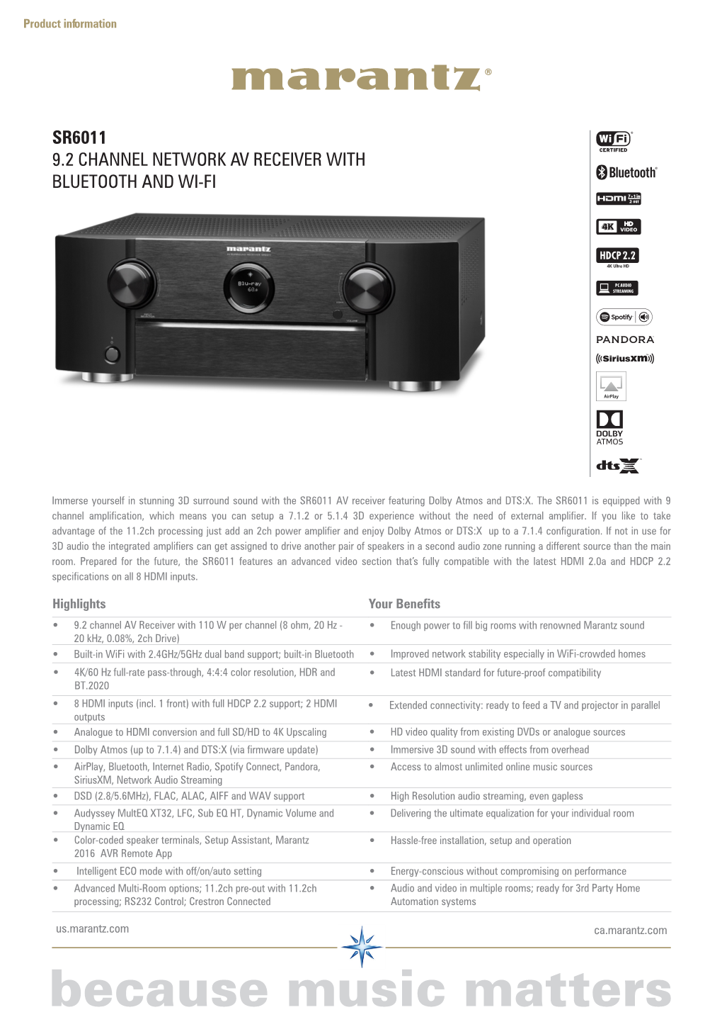 Sr6011 9.2 Channel Network Av Receiver with Bluetooth and Wi-Fi